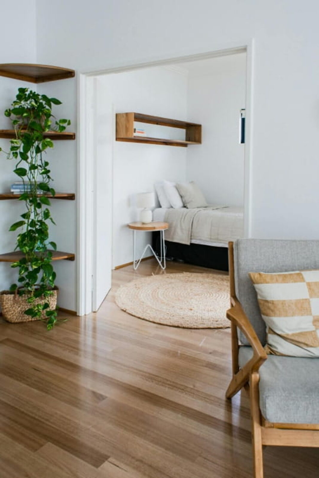 Intérieur lumineux d'un appartement meublé avec parquet, plantes et fauteuil — visite locataire Bercail Immobilier